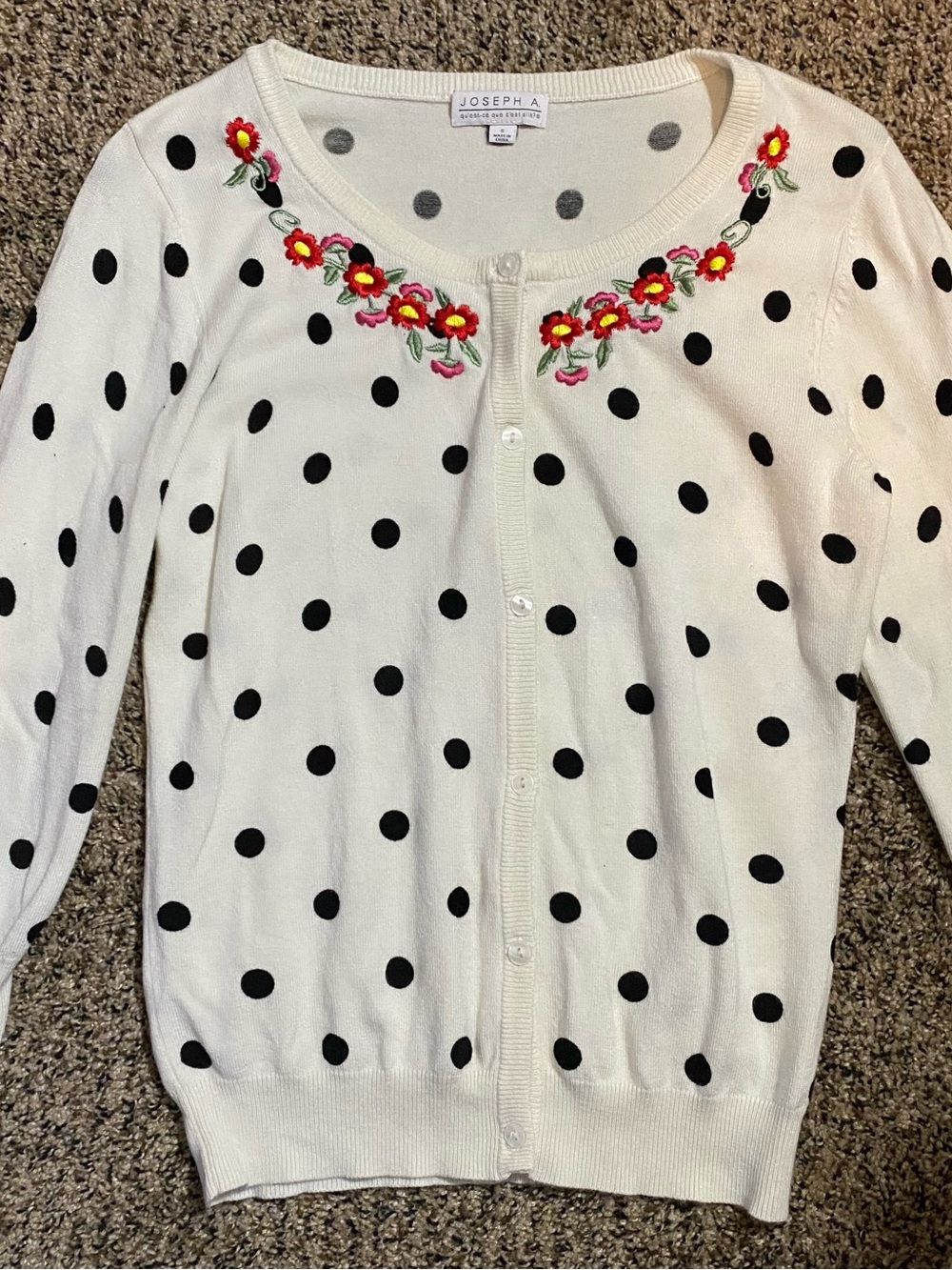 Joseph A White & Black Polka Dot Cardigan with Floral Embroidered Neckline